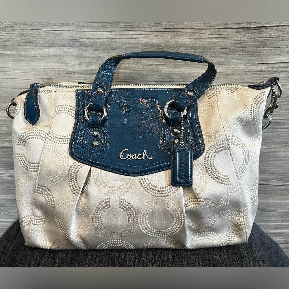 Coach Ivory and Blue Satchel Shoulder Bag Purse. Like New.